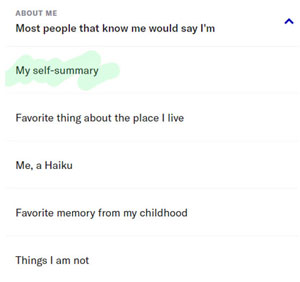 OkCupid About Me prompt options
