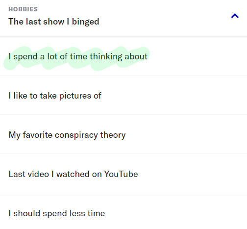 OkCupid's list of Hobbies prompt questions